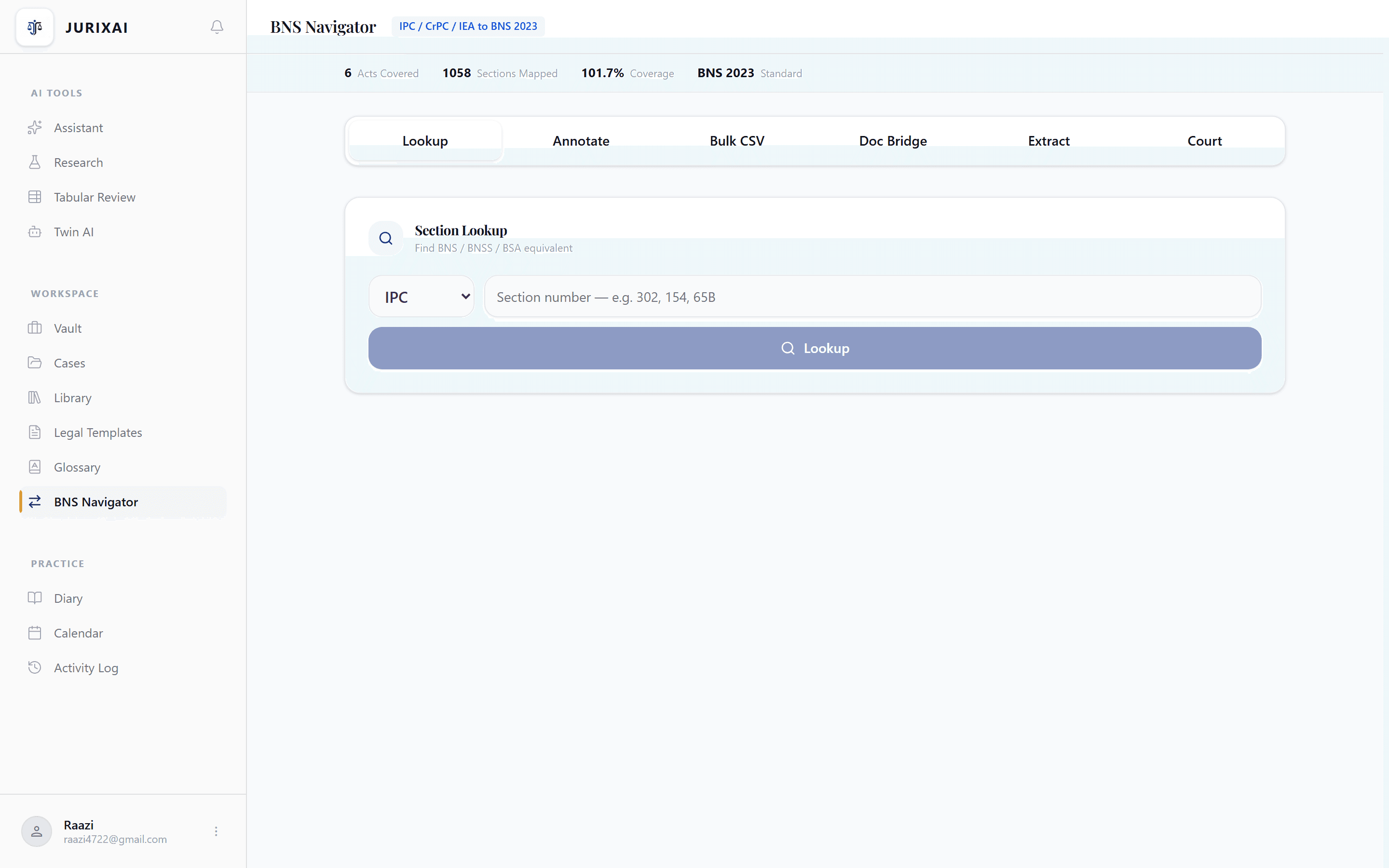 JurixAI BNS Navigator — cross-reference IPC↔BNS with bridging annotations